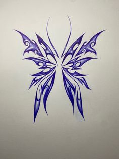 a drawing of a blue butterfly on white paper