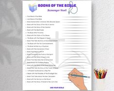 the book of the bible scavenger hunt is shown with pencils and markers