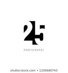 the twenty five years anniversary logo is shown in black and white, with an arrow pointing up