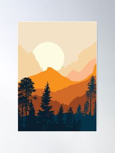 the sun is setting over mountains with trees in front of it and an orange sky