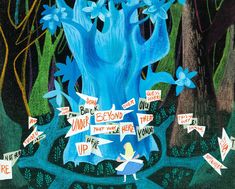 an image of a blue tree with many signs on it