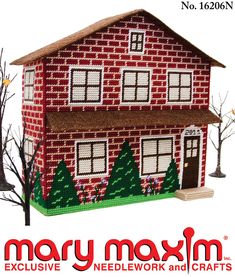 a red brick house with trees and bushes in front of it is the logo for mary moxm's needlework and crafts