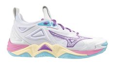 the mizuma wave runner is white with purple, blue and yellow accents on the sole