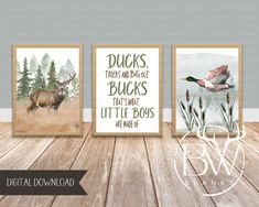 three watercolor prints with the words ducks, turkeys and bucks