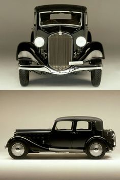 an old black car is shown in three different angles, with the front and side views showing