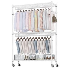 a white garment rack with clothes and shoes on it's wheels, against a white background