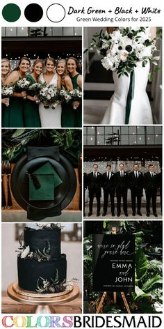 green and black wedding color palettes for the bride's dress, groomsmid