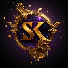 the letter s is made up of gold and purple paint splattered around it