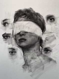 a drawing of three people with blindfolds on their heads and one woman's head