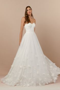 a woman wearing a white wedding dress with flowers on the skirt and in front of a beige background