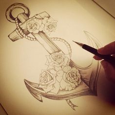 a drawing of an anchor with roses on it