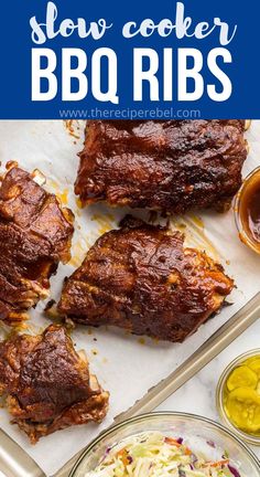 slow cooker bbq ribs with cole slaw and mustard sauce on the side