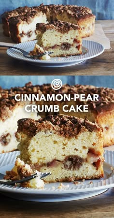 two pictures of a cake with the words cinnamon - pear crumb cake on it