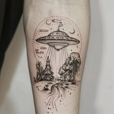 Unique Ufo Tattoo Drafts Trippy Alien Tattoo Ideas, Spaceship Tattoo, Knitting Tattoo, Camping Tattoo, Ufo Tattoo, Cheap Thrills, Special Tattoos, Alien Tattoo, Space Tattoo