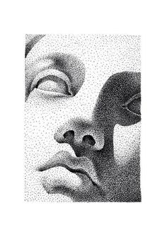 a black and white drawing of a woman's face with her eyes closed to the side