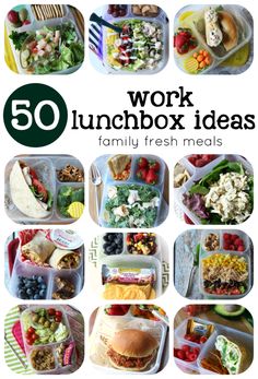 some lunch boxes with different foods in them and the title overlay reads 50 work lunchbox ideas family fresh meals