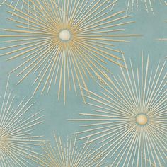 the sun is shining brightly in this blue and gold wallpaper design, which has been hand - painted by an artist