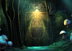 an image of a door in the woods with mushrooms around it and light coming from behind