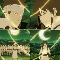 two pictures of anime characters in front of a full moon, and the same one with an evil look on his face