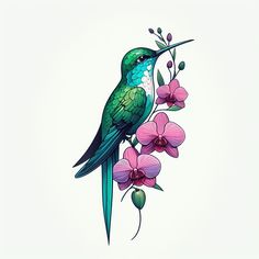 a green bird sitting on top of a pink flower next to purple and white flowers