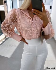 Olivia Mark - Buttoned Lace Top with Pearl Embellishments Pearls Decor, Stand Collar Blouse, Sleeve Embroidery, Fashion Stand, Embroidery Shirt, Suits Clothing, Exclusive Dress, Prom Dress Shopping, Elegant Blouses