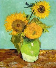 a painting of sunflowers in a green vase on a table with blue background