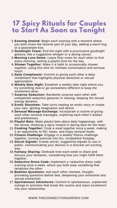 Ignite passion and intimacy with our17 Spicy Rituals for Couples to Start As Soon as Tonight. These enticing rituals are crafted to deepen your connection, enhance your romantic life, and create memorable moments together. Perfect for couples seeking to explore new dimensions of their relationship. For more innovative ways to cultivate love and intimacy, visit our website. #CouplesRituals #SpiceUpYourLoveLife #DeepConnection Deep Connection, Relationship Tips, Couples Therapy, Relationship Advice, Conflict Resolution, Personal Growth, Self Improvement, Relationship Tools Healthy Relationships, Deep Conversation Starters, Emotional Intimacy, Relationship Growth, Relationship Goals, Deeper Conversation Starters Couple Advice Relationships, Deeper Conversation Relationship, Tips To Improve Intimacy, 2 Month Relationship, Couple Conversation Starters, Spicy Ideas For Couples, Improve Relationship Couples, Ideas For Intimacy, Relationship Rituals