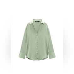 Zara Like New / Never Worn Beautiful Green Satin Button Down Blouse With V-Neck Collar And Long Sleeves. Green V-neck Shirt With Button Closure, Summer V-neck Blouse With Button Cuffs, Chic V-neck Shirt With Button Closure, Fall V-neck Blouse With Placket, Elegant V-neck Shirt With Buttons, V-neck Top With Placket For Fall, Chic Blouse With Lapel Collar And Button Closure, Trendy Blouse With Collar And Buttons, Green Button-up Blouse For Office