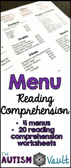 a menu with the words menu reading competition written in purple and black ink on it