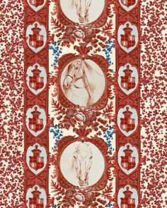 an image of a horse on a red and white wallpaper with ornate borders