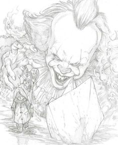 a pencil drawing of a clown and a boy