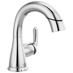 a chrome sink faucet with an angled spout