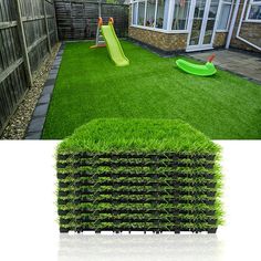 an artificial grass yard with a green slide in the middle