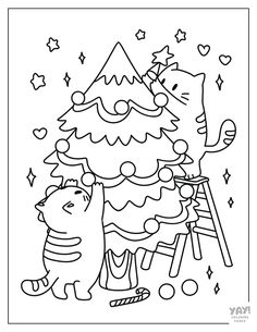 a black and white christmas tree with two cats on it, one cat is climbing the ladder