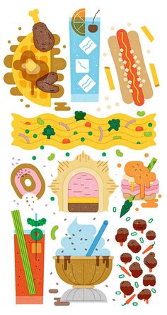 an illustration of food and drinks on a white background, including donuts, hot dogs, hamburgers, ice cream