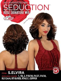 Rose Signature S.ELVIRA Wig. Heat resistant fiber. Approximately 14" inches long. Color shown is RT4/27. Hair is safe to curl or flat iron up to 400F. Comes with average size cap and adjustable straps. Cap comes with front and back combs. Manufactured by Seduction. Rose Signature, Crimping Iron, Back Combing, Lustrous Hair, Wig Stand, Wig Caps, Full Wigs, Wigs Online, Synthetic Wig