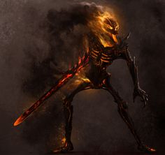 a demonic looking creature with flames on its body and arms, standing in front of a dark background