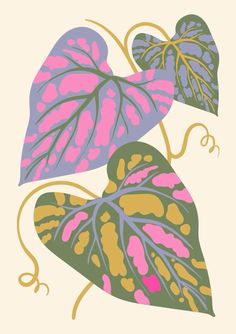 an illustration of two leaves with pink and green designs on them, one is in the shape of a heart