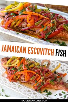 two pictures with different types of food on them and the words jamaican escottch fish