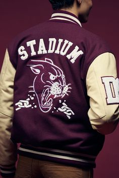 The centerpiece of the latest STADIUM collection is our Varsity Letterman Jacket in “Burgundy,” which features embroidered patches that are a nod to the iconic styling associated with collegiate sportswear. Catcher And The Rye, Varsity Jacket Outfit Mens, Matric Jackets, Letterman Jacket Ideas, Letterman Jacket Outfit, Prom Jacket, Varsity Design, Varsity Jacket Outfit, Sweatshirt Ideas