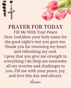 a prayer card with pink tulips and rosary