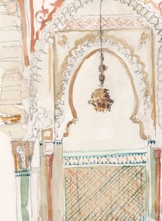 a drawing of an ornate doorway with a chandelier hanging from the ceiling