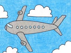 a drawing of an airplane flying through the sky with clouds in the foreground and blue sky behind it