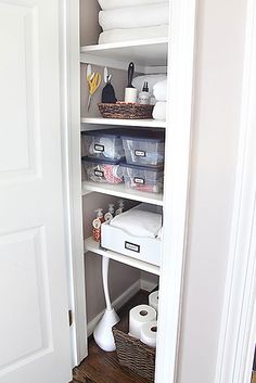 the closet is full of toilet paper and other things to use for storage in it