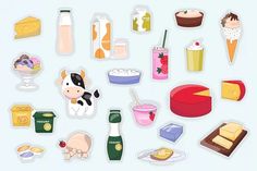 an assortment of food and drink stickers on a white background