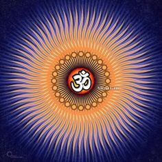 an image of the om shan symbol in blue and orange with rays coming out from it