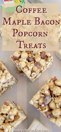 coffee maple bacon popcorn treats on a table with text overlay that reads coffee maple bacon popcorn treats