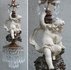 two pictures of an angel holding a chandelier