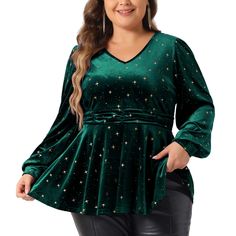 This plus-size women's trendy velvet peplum top features a V-neck, long sleeves, and hip-length design, the stretch fabric and sparkling star pattern make this top comfortable and chic, and pair it with high-waist pants to create an eye-catching look. Add some pizzazz to your wardrobe with this V-neck long-sleeved hot stamping sparkling star velvet shirt, you'll be ready to party with this stylish velvet shirt. Perfect for nights out, daily, weekends, office, casual life, parties, prom, concerts Velvet Tops For Women, Velvet Peplum Top, Plus Size Velvet, Plus Size Peplum, Velvet Blouse, Plus Size Elegant, Velvet Shirt, Plus Size Brands, Velvet Blouses