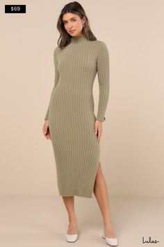 There's nothing better than cozying up like an absolute babe in the Lulus Irresistible Feelings Olive Fuzzy Knit Midi Sweater Dress! Ultra-soft ribbed fuzzy knit shapes this plush dress that features a chic mock neckline framed by long-fitted sleeves. The figure-hugging silhouette flaunts your curves just right before falling to a midi hem with a flirty side slit. Pair with your favorite knee-high boots for that luxe, cold-weather look! Fit: This garment fits true to size. Length: Mid-calf lengt Plush Dress, Sweater Midi Dress, Midi Sweater Dress, Hugging Silhouette, Fitted Sleeves, Sweater Dress Midi, Mock Neckline, Ribbed Knit Sweater, Turtle Neck Dress